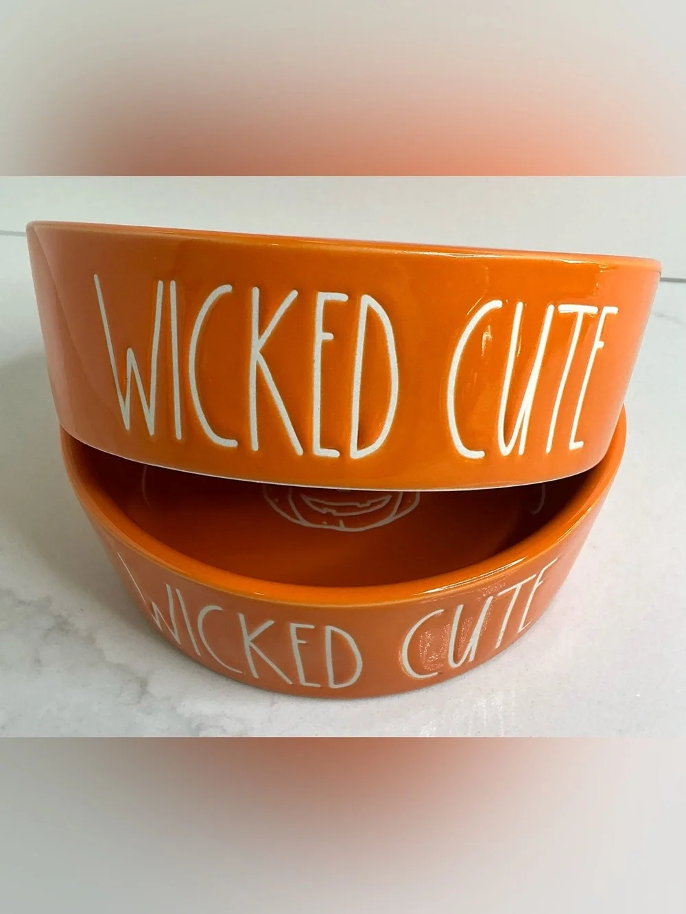 2 Rae Dunn Food Water Bowl Wicked Cute Dog Cat Small Ceramic Halloween Orange